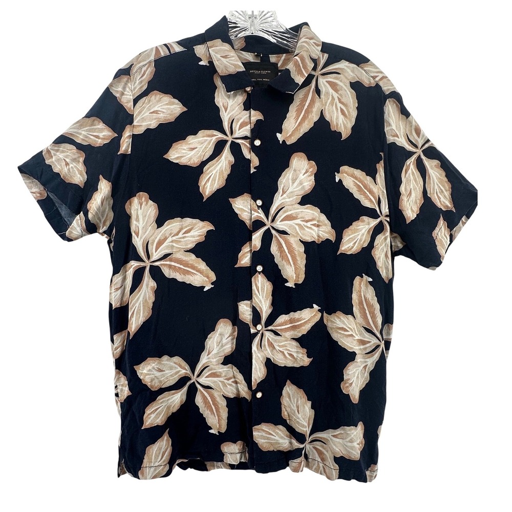 Denim & Flower Ricky Singh Mens Large Navy Blue Tan Leaf Tropical Viscose Shirt